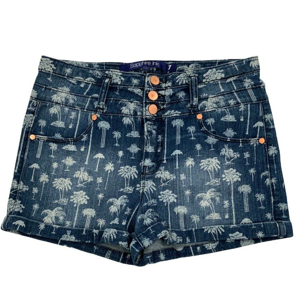 Sapphire Ink Shorts Juniors 7 Palm Tree Print Button Fly Dark Wash Pockets Denim